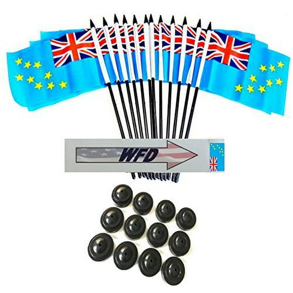 Pack of 12 4"x6" Tuvalu Polyester Miniature Office Desk & Little Table Flags, 1 Dozen 4"x 6" Tuvalu Small Mini Handheld Waving Stick Flags with 12 Flag Bases (Flags with Stands)