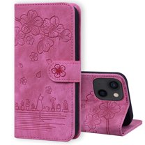 Nalacover for iPhone 14 Wallet Case, Flower Cat Embossed Pattern Magnetic Premium PU Leather Soft Silicone Shockproof Cover with Card Slots Holder Kickstand Flip Folio Case,Rose