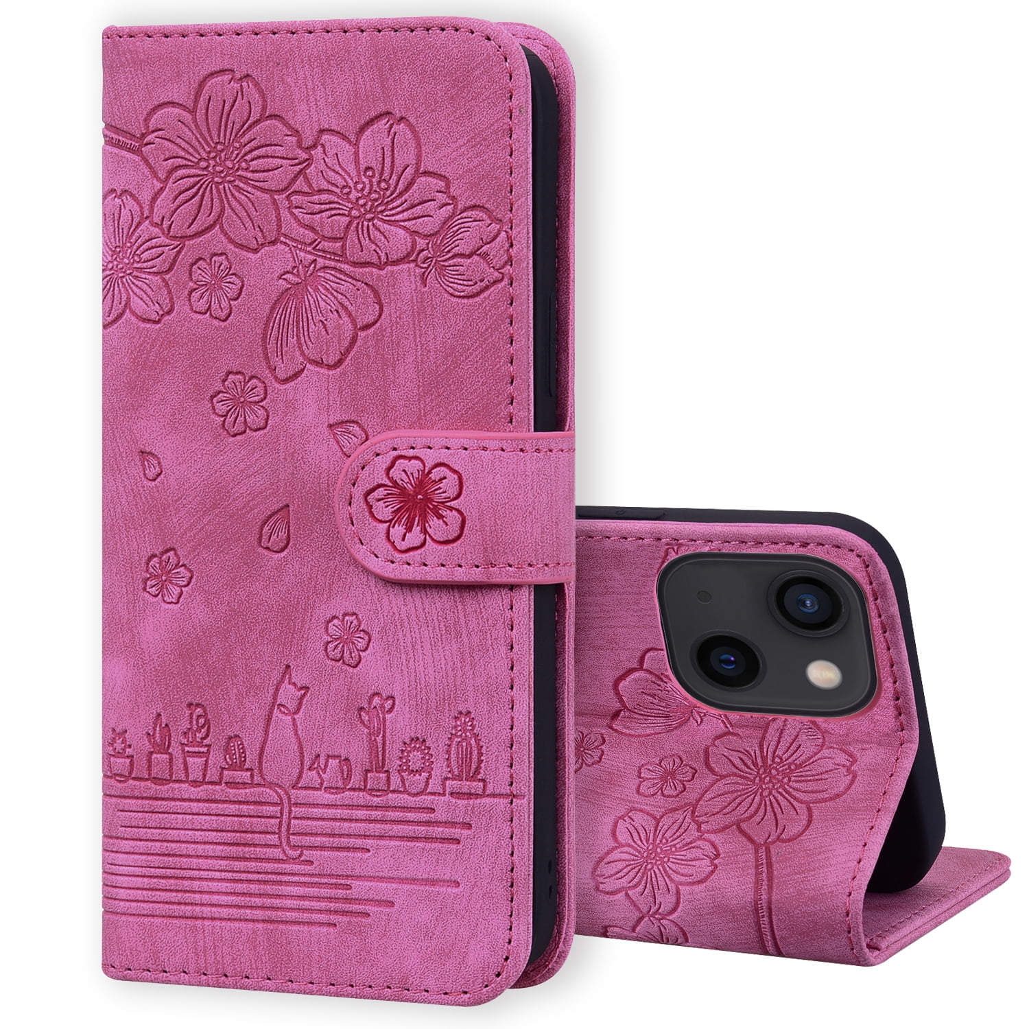 SaniMore Magnetic Wallet Case for iPhone 15 Plus [RFID Blocking] Card Holder, Cartoon Embossing PU Leather Cover Built-in Kickstand & Wrist Strap Shockproof Protective Shell, Rose