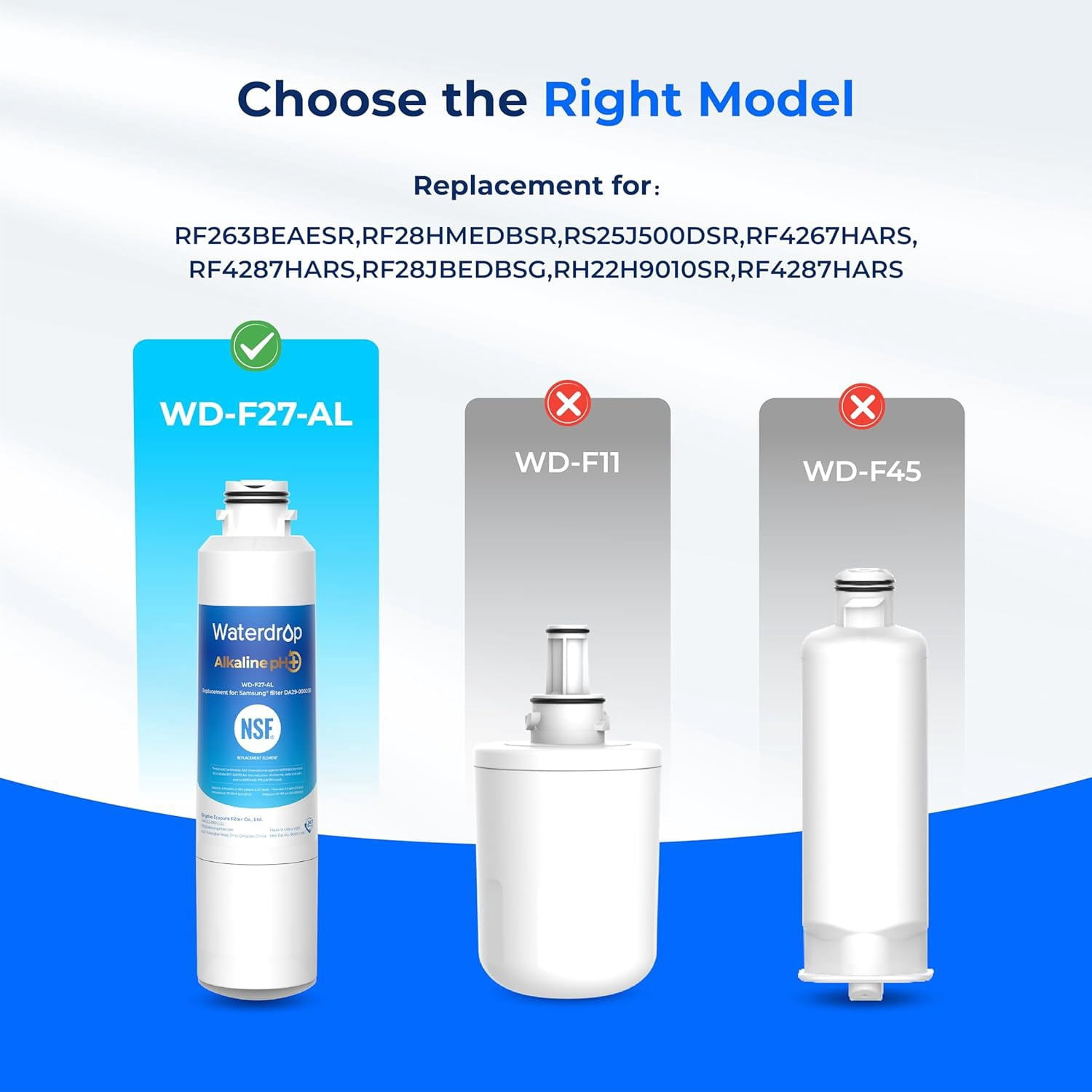 Waterdrop Alkaline WD-F27-AL Replacement for Samsung® Refrigerator Water Filter HAF-CIN/EXP, DA29-00020B, HAF-CIN, DA97-08006A-1, RF28HMEDBSR, RF263BEAESR, RS25J500DSR, RF263TEAESG, 2 Pack