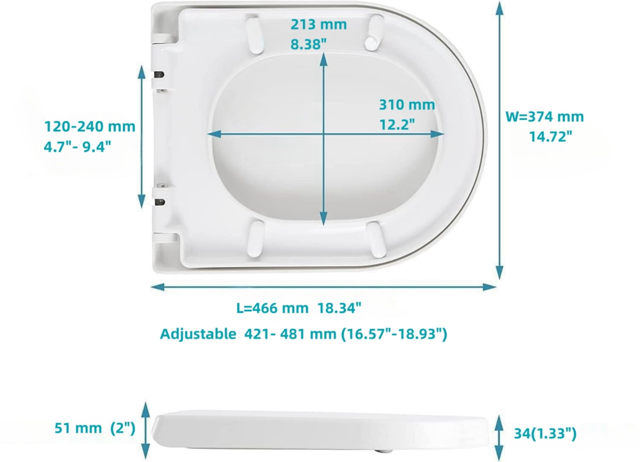SADALAK D/U Shape Toilet Seat,Soft Close and Quick-Release for Easy Cleaning Toilet Seats Cover,Stable Hinge Design to prevent shifting -White Elongated Toilet Lid