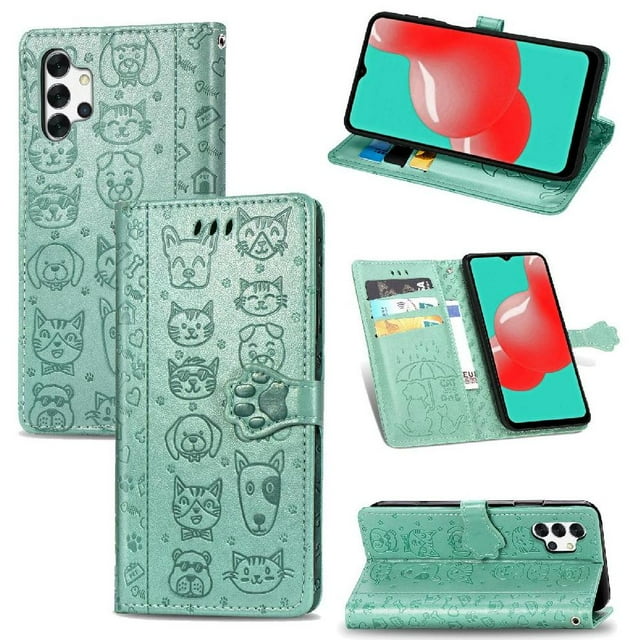 Funda Cartera FOXDOCK para Samsung Galaxy A32 5G , Flip PU con Relieve de Gatos y Perros, Tarjetero y Soporte