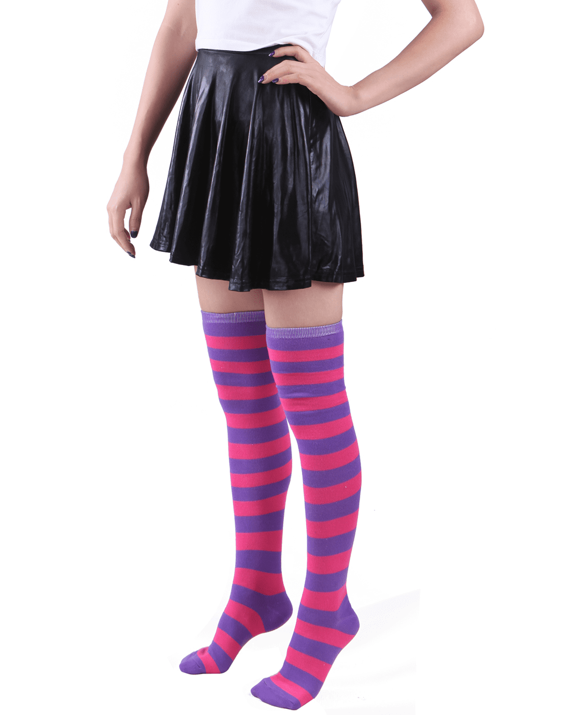 Women's Extra Long Striped Socks Over Knee High Opaque Stockings (Black