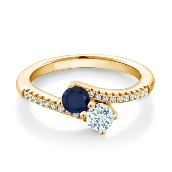 Gem Stone King 18K Yellow Gold Plated Silver Blue Sapphire and Sky Blue Aquamarine Bypass Ring for Women (0.84 Cttw, Gemstone September Birthstone, Round 4MM, Size 9)