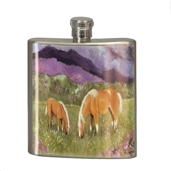 KuzmarK 6 oz. Stainless Steel Pocket Hip Liquor Flask - Belgian Mare and Foal High Valley Spring Horse Art by Denise Every