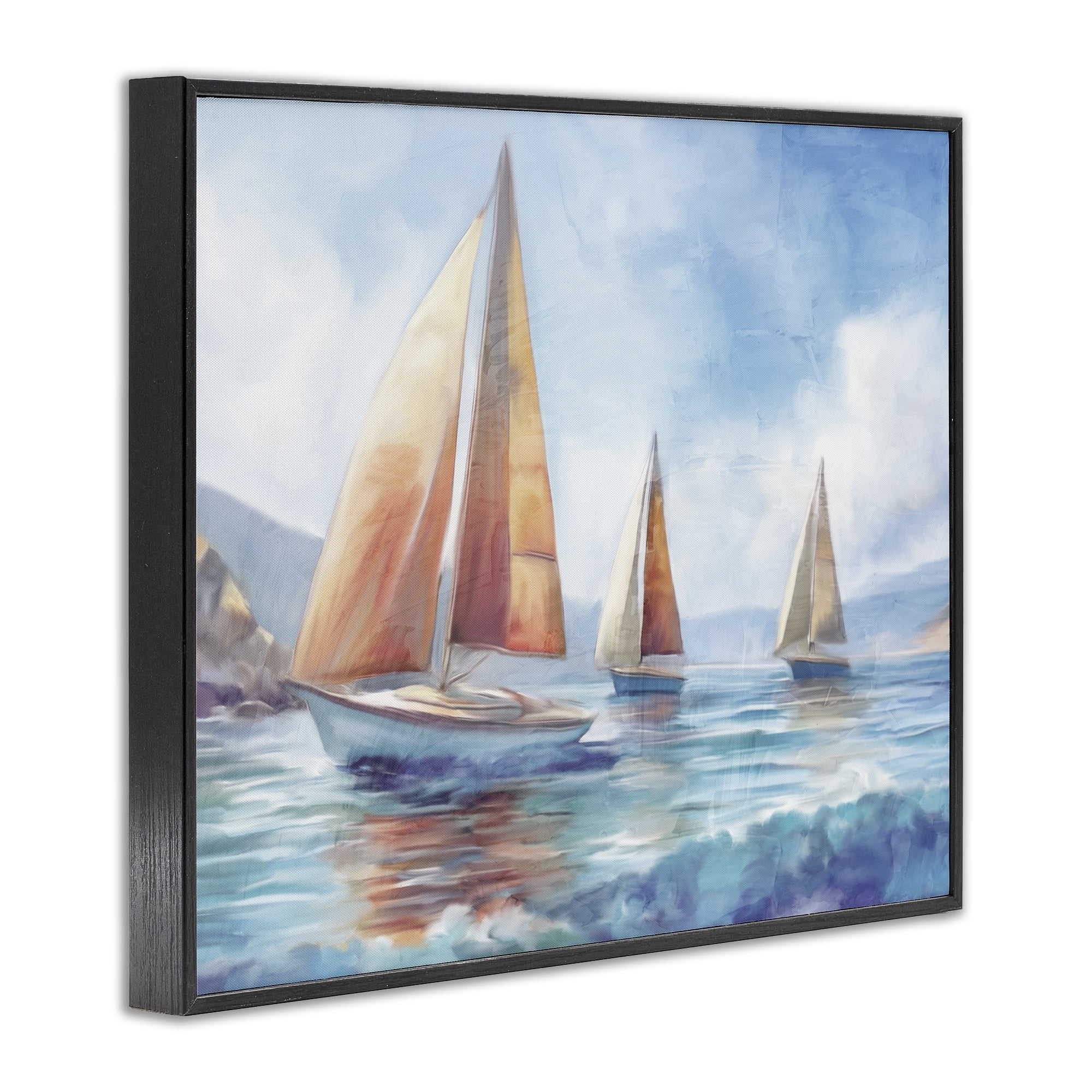 Stupell Industries Three Boats Drifting Coastal Painting Black Framed Art Print Wall Art, 20 x 16