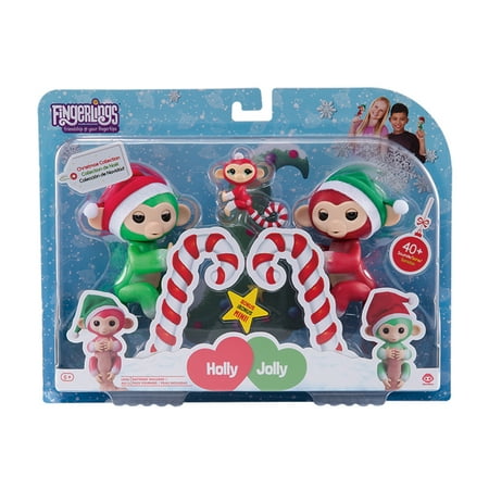 Fingerlings Interactive Baby Monkeys 2-Pack with Mini BFF - Holly (Green), Jolly (Red) and Merry (Red & White) - By WowWee