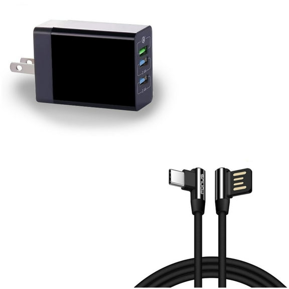 10ft Type-C Angle USB Cable w 34W Home Charger for OnePlus 9, Nord N200 5G/N100/N10 5G, Pro Phone - Charger Cord USB-C Power, 6.8Amp 3-Port USB One Y8V for OnePlus 9, Nord N200 5G/N100/N10 5G, Pro