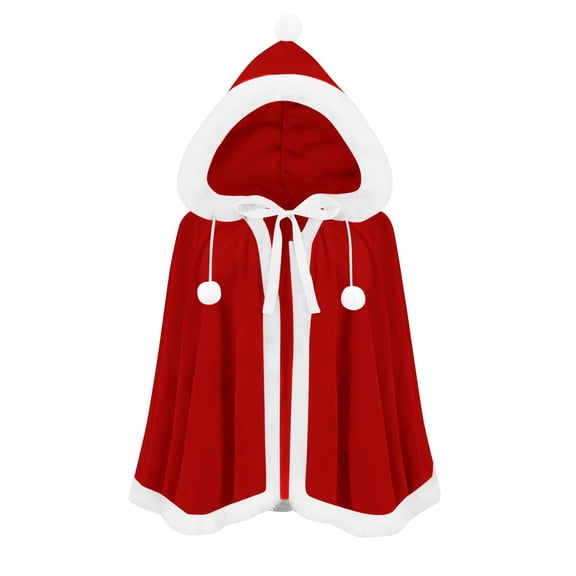 UTSJKR Unisex Short Hooded Christmas Cape Cloak with Faux Fur Trim and Pom Pom Decor for Holiday Xmas Party Cosplay Festival Fancy Dress Costume Outfit Red S