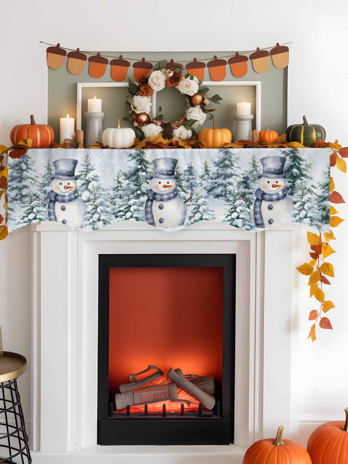 Christmas Blue Snowman Fireplace Mantle Scarf Winter Snow Scene Pine Tree Forest Bird Mantel Cover Runner Fireplace Cloth for Holiday Party Home Living Room Decor 70 x 17 Inch