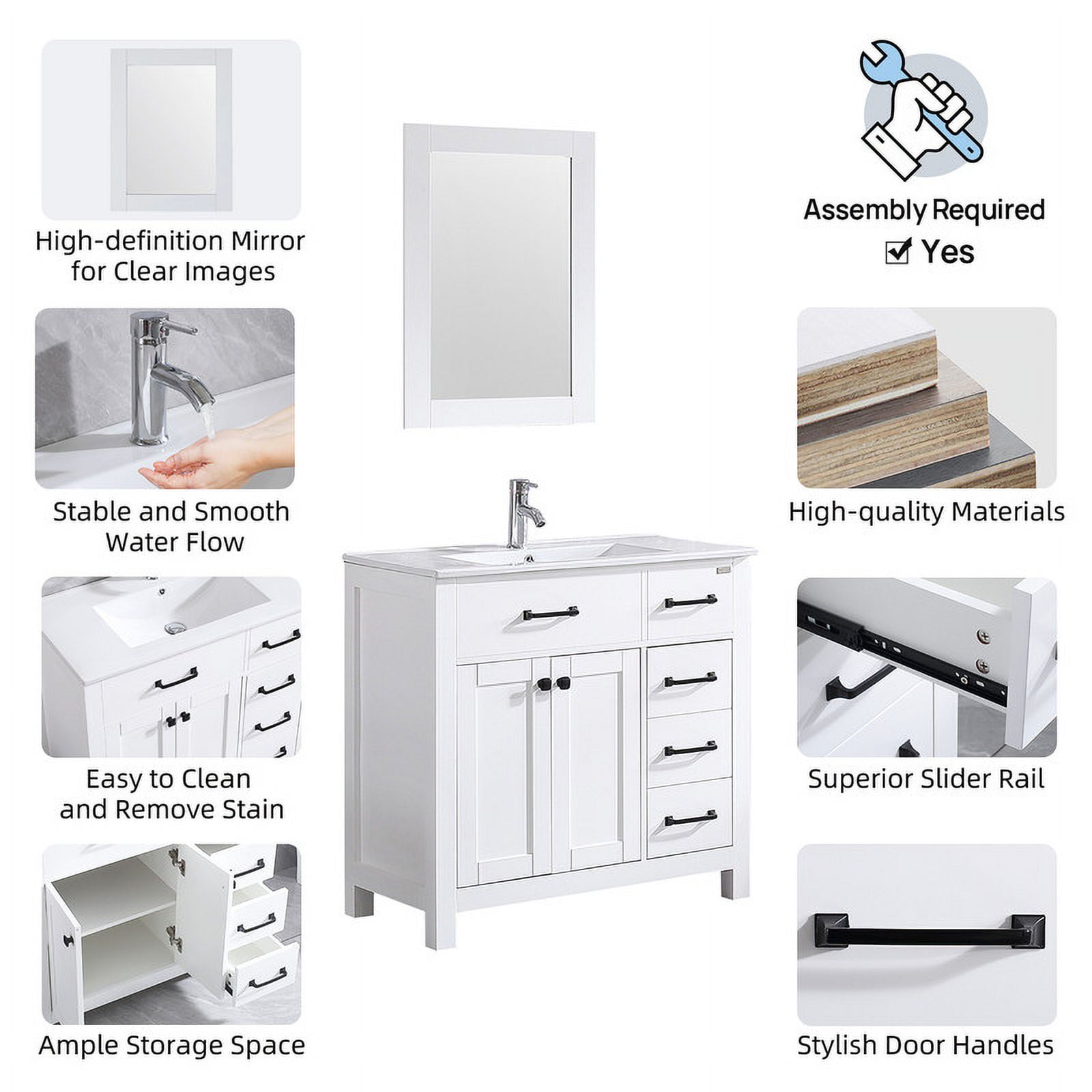 Wonline 36" Luxurious Bathroom Vanity with Sink Top,Modern Bathroom Vanities with 2-Door and 5 Drawers Cabinet,Undermount Ceramic Sink,White