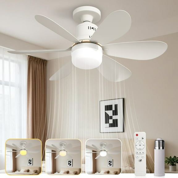 Socket Fan Light with Remote - 20'' Modern Small Ceiling Fans with Lights, 2200 Lumens Dimmable Led Bulb, 3 Colors 3000K-6500K, Easy Install Screw in E26 Base for Bedroom Living Room Kitchen Garage