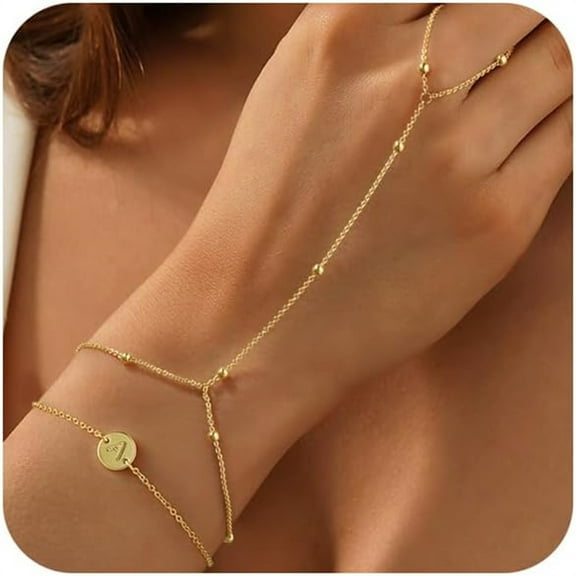 Turandoss Layered Disc Initial Hand Chain Bracelet for Women Disc Letter Ring Link Chain Charm Jewelry Birthday Teacher Appreciation Mothers Day Graduation Gifts for Her Mom Teen Girls Wife Ideas
