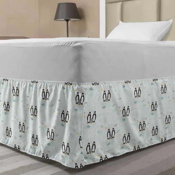 Penguin Bed Skirt, North Pole Climate Fish in the Sea and Mammals on an Island Illustration, Elastic Bedskirt Dust Ruffle Wrap Around for Bedding Decor, 4 Sizes, White and Multicolor, by Ambesonne