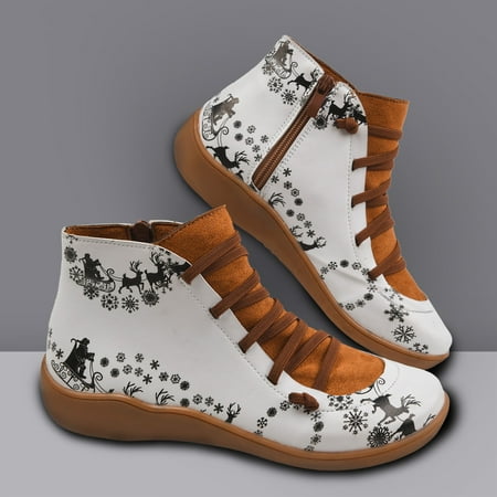

Comfortable Short Shoes Printing Flat Christmas Toe Women Zipper Round Retro Booties Women s Boots