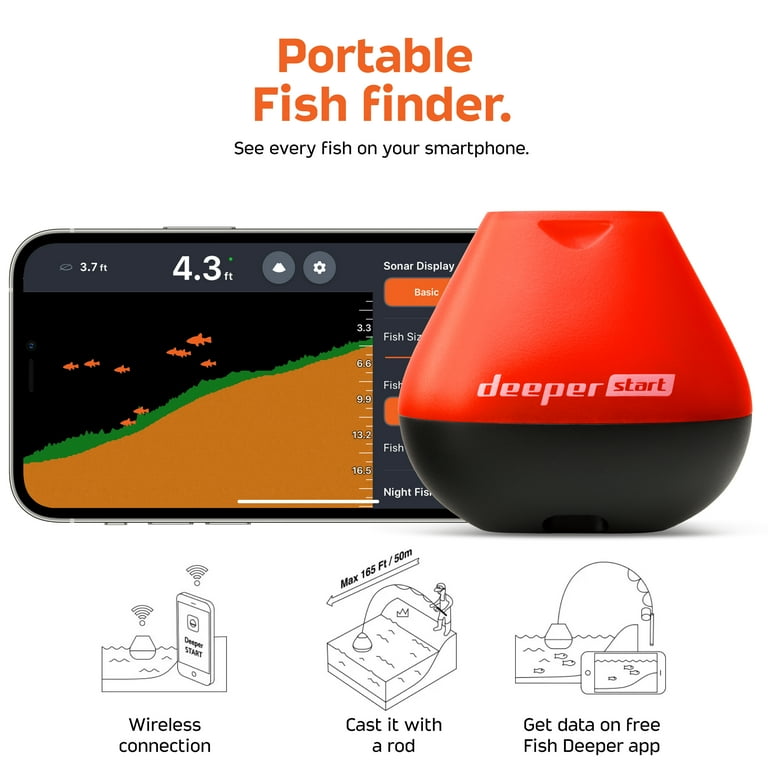 Deeper START Fishing Sounder, Portable Fish Finder and Depth Detector, Wireless Fishing Sound, Works with Mobile Phones (Free App