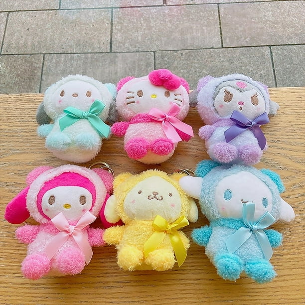 6 llaveros de peluche Kawaii de 13 cm, regalo de muñeco de peluche de anime súper lindo, suave Kromi canela My Melo Kitty Pompom, juguete de peluche, perfecto llavero con tema de dibujos animados, ac