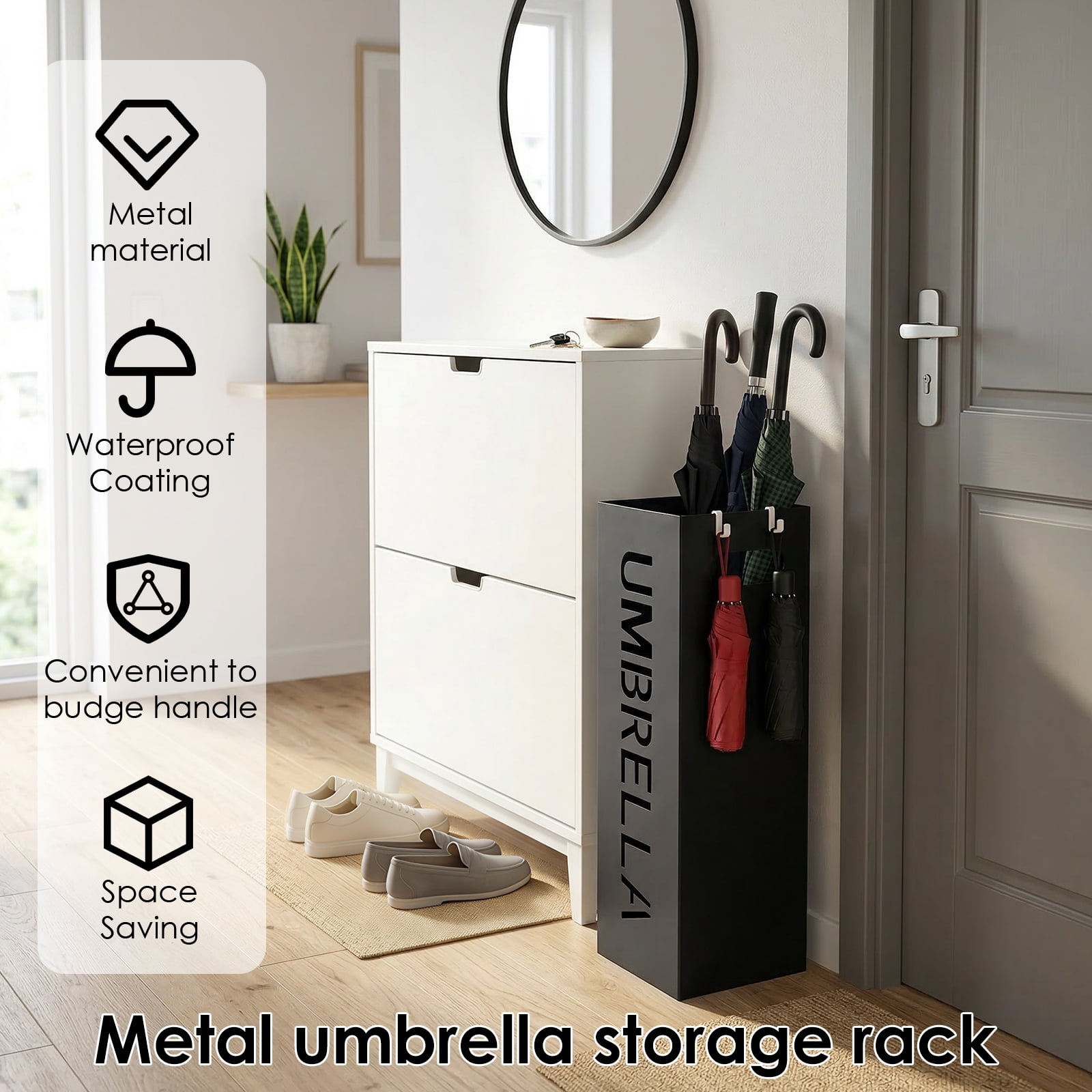 Metal Umbrella Rack Holder Walking Stick Holder Umbrella Stand Storage for Home Office Decoration Collocation In Hallway Foyer with 2 Small Hooks
