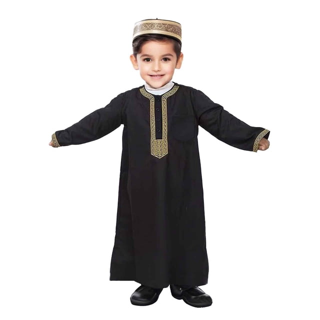 LUOGENLI Shirts for Boys Work Spring Boys Long Sleeve Robe Ational Teenage Embroidered Robe Arab Children's Wear out Wear Maxi Tops with Slit for Boys Black Size 2-3 Years