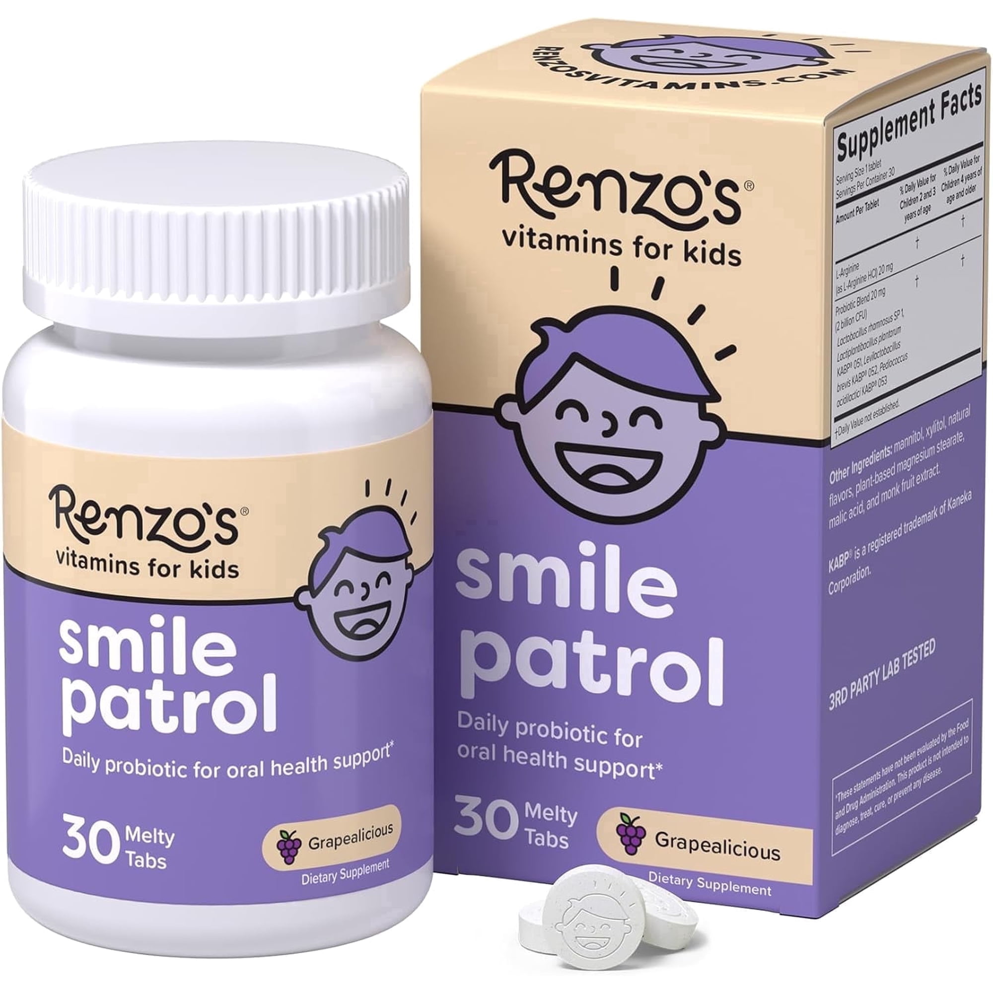 Renzo's Smile Patrol Kids Probiotic Tablets, Kids Vitamins for Oral Health Support, Grape Flavor, 30 Count