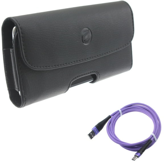 For Galaxy A73 /A23 /A14 /A13 5G - 10ft USB Cable w Case Belt Clip, Purple Type-C Charger Cord, Leather Holster Cover for Samsung Galaxy A73 /A23 /A14 /A13 5G