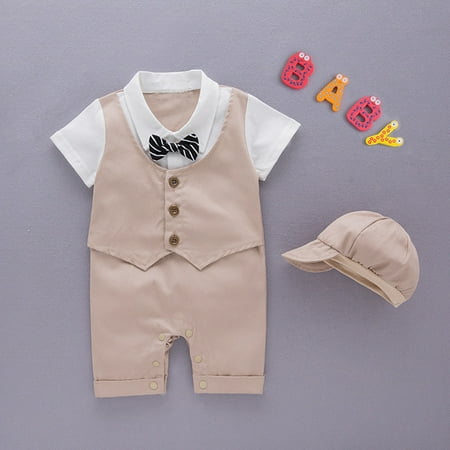

Infant Baby Short Sleeve Gentleman Romper Solid Print Jumpsuit + Hat CHMORA