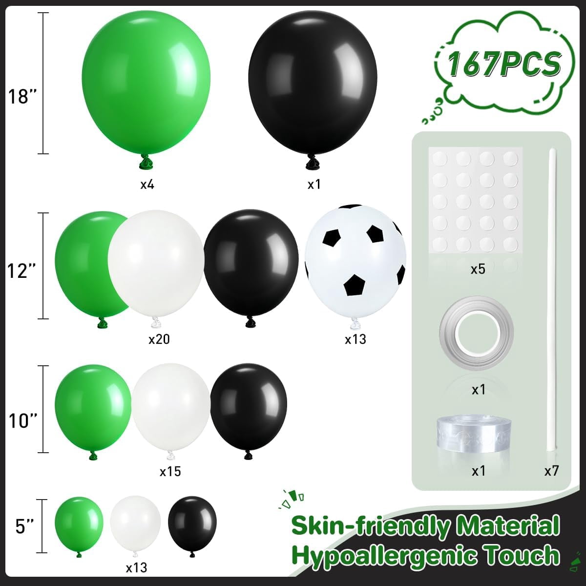 Burculy 167Pcs Soccer Balloon Arch Kit - Black Green White Latex Balloons in 18/12/10/5" with Soccer Prints for Football Theme Birthday, Baby Shower, Graduation, Wedding Party Decorations