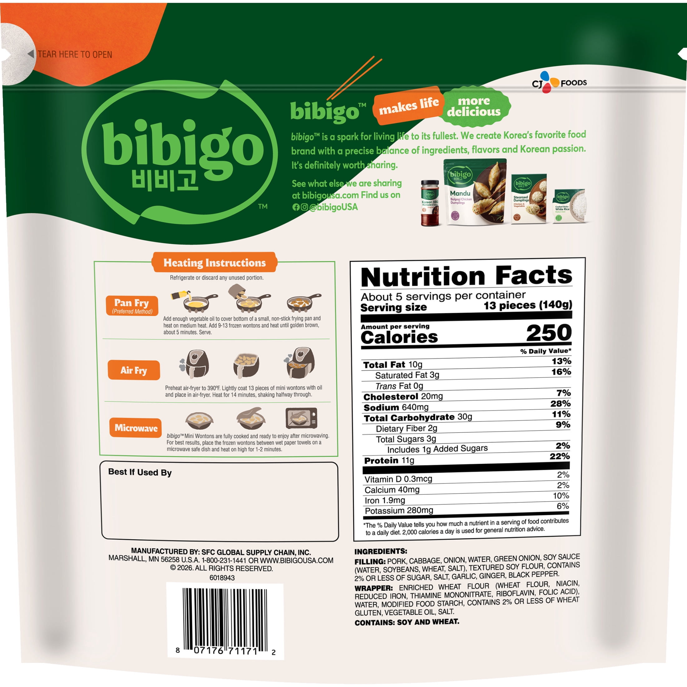 Bibigo Frozen Mini Wontons Pork & Vegetable Dumplings, 24.0 oz