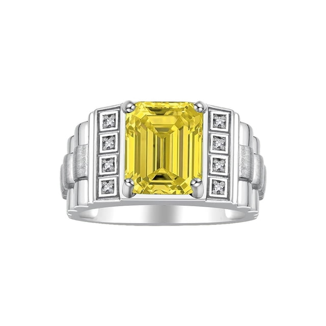 RYLOS Men's Rings Sterling Silver Designer Style 10X8MM Emerald Cut Shape Gemstone & Diamonds Citrine November Birthstone Rings For Men Size 13