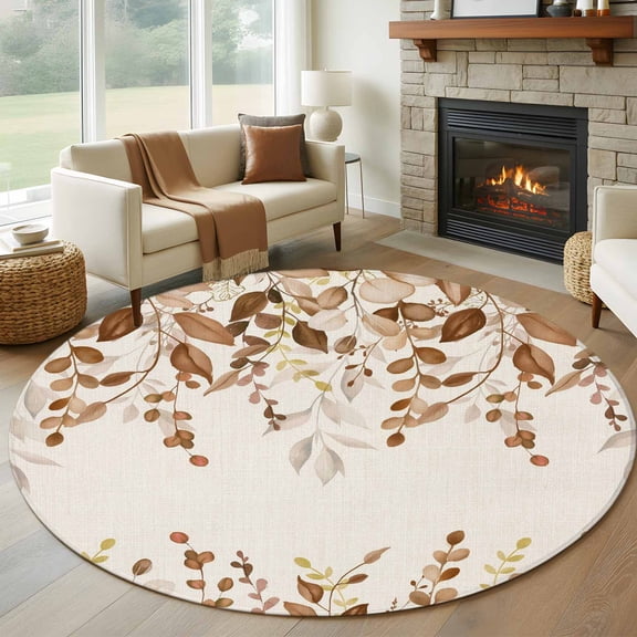 Round Area Rug 8 Ft, Brown Orange Eucalyptus Washable Non-Slip Circle Carpet for Living Room/Bedroom, Farmhouse Weeping Leaves Linen Collection Low-Profile Large Area Rugs for Indoor