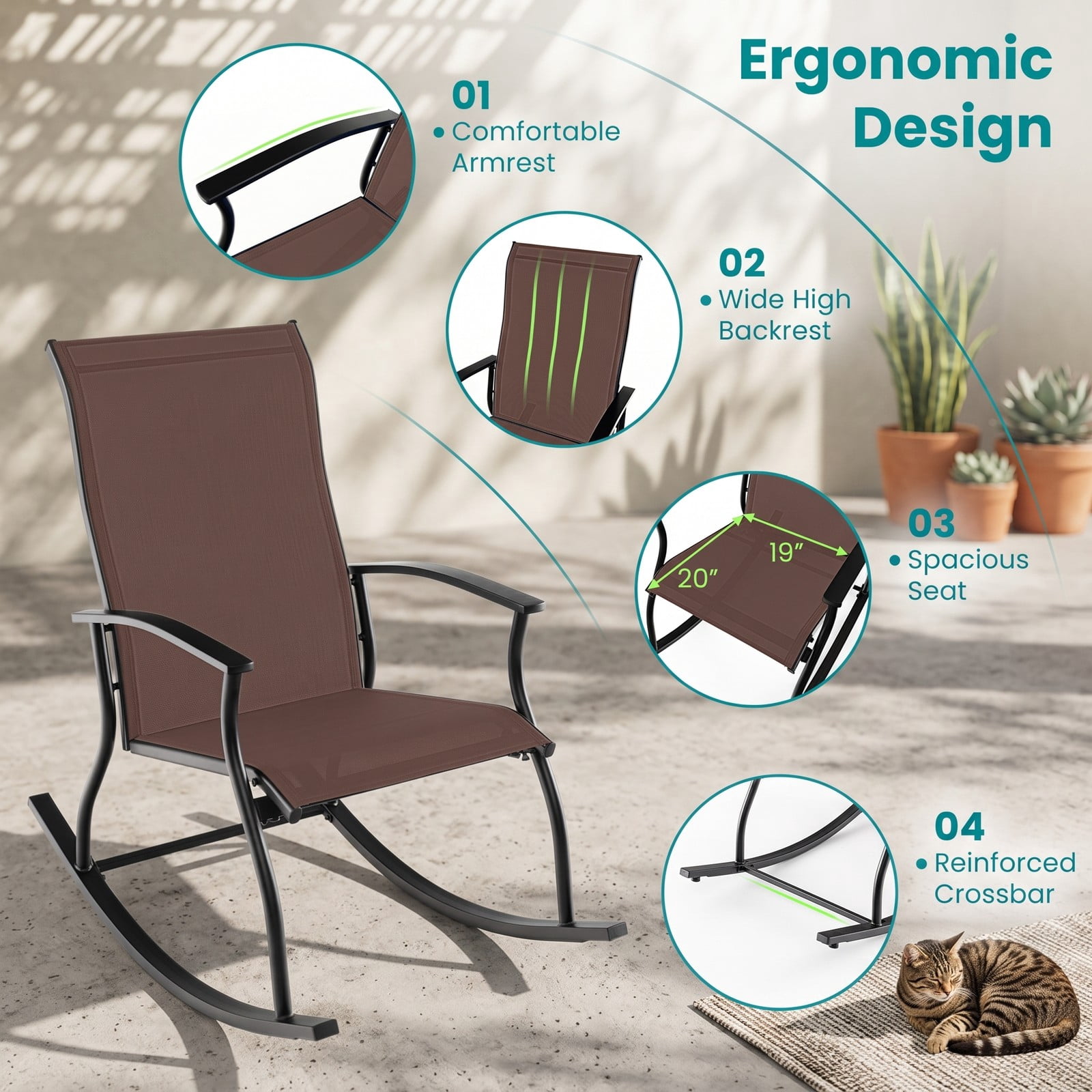 Furnibear Outdoor Rocking Chairs Set of 2 with Breathable Backrest and Rustproof Metal Frame for Backyard and Poolside, Brown