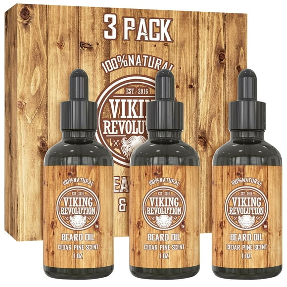Viking Revolution Beard Oil conditioner - All Natural cedarwood Pine Scent with Argan Jojoba Oils - Softens Strengthens Beards and Mustaches for Men (3 Pack)