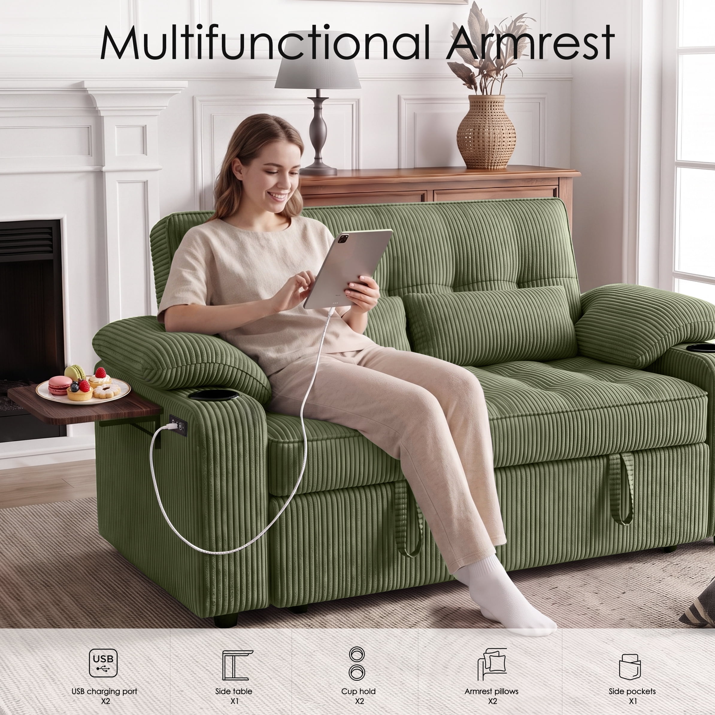 58" Convertible Sleeper Sofa Bed, Full Size Pull Out Couch with USB Charging, Cup Holders, Side Table, Adjustable Backrest, Corduroy Loveseat for Living Room, Apartment, Office (Green)