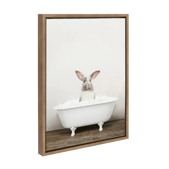 Kate and Laurel Sylvie Bunny in Rustic Bath Framed Canvas Wall Art by Amy Peterson Art Studio, 18x24 Gold, Modern Fun Decorative Bathtub Wall Art for Home Décor