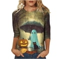 thumbnail image 2 of Shihyeh Women Halloween Jackolantern Print Blouse V Neck 3/4 Sleeve Flare Sleeve Button Front Dressy Casual Top for Adult, 2 of 5