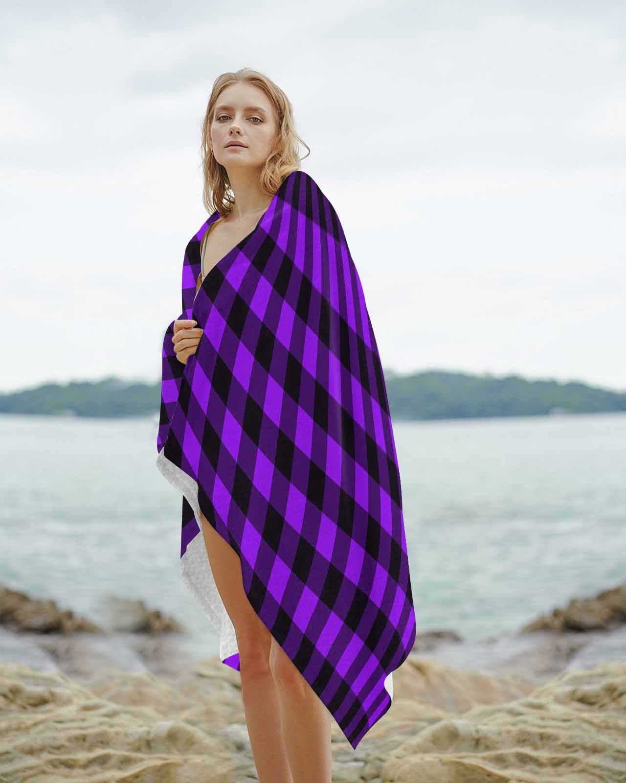 Black Purple Plaid Beach Towels Oversized Super Absorbent, Farmhouse Simple Buffalo Checked Lightweight Bath Towel Quick Dry Sets For Bathroom/Pool/Rv Camping/Beach Play/Gym Room/Picnic 31"x62"