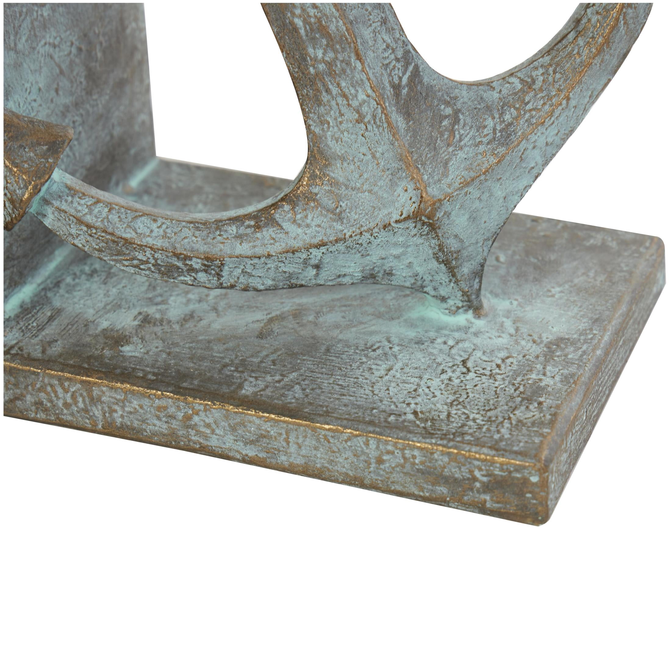 DecMode 4" Distressed Patina Anchor Blue Polyresin Bookends with Gold Foil Accents (Set of 2)