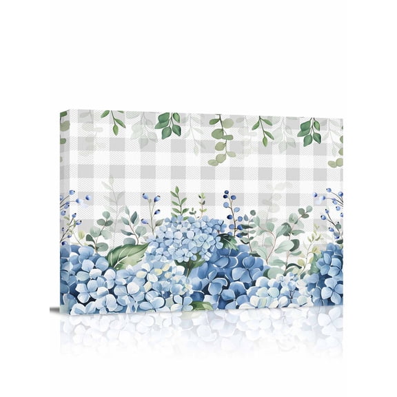 Blue Flower Wall Art for Living Room,Canvas Picture Wall Decor for Bathroom Bedroom,Grey Plaid Hydrangeas Eucalyptus Leaves Painting Artwork for Office Kitchen Hallway Dining Room Home Decor 24"x32"