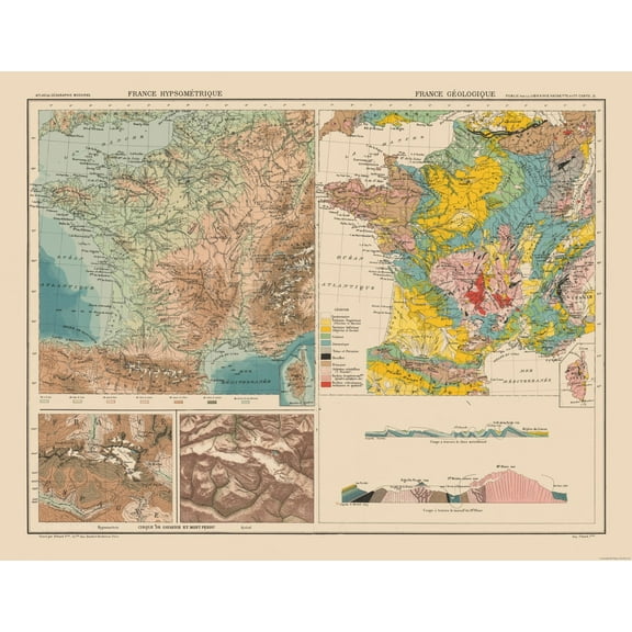 Historic Map - France Hypsometric Geological - Schrader 1908 - 29.68 x 23 - Vintage Wall Art