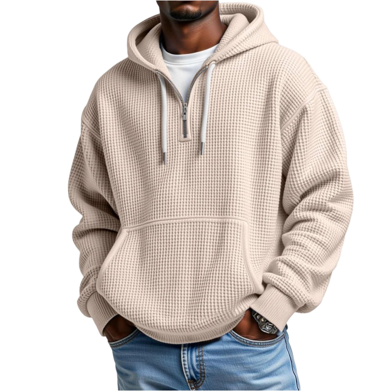 Men's Casual Solid Color Waffle Zipper Long Sleeve Hooded Sweatshirt Complexion XL