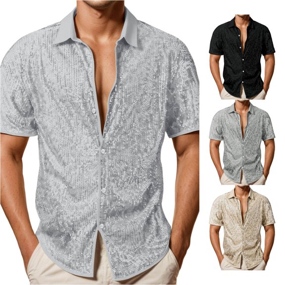 FINALGANG Mens Point Lapel Collar Button All Over Sequin Short Sleeve Shirt Relaxed Fit Party Stage Performance Glitter Casual Tops Leisure Top White XL