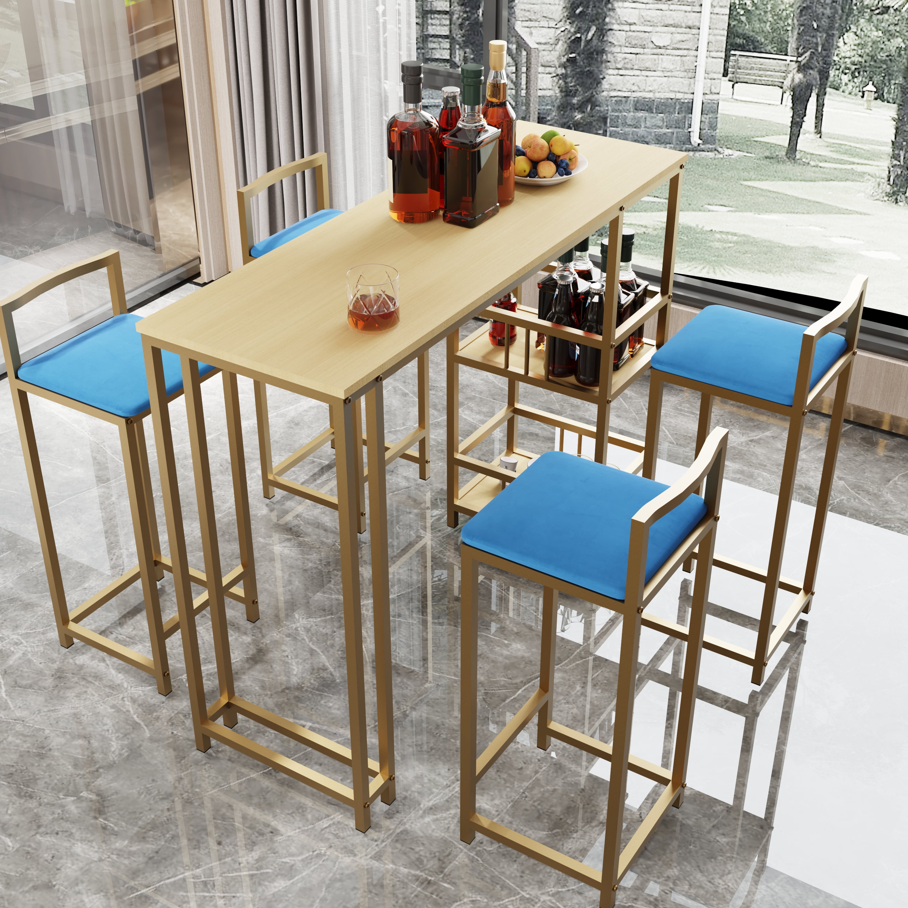 Aukfa 5 Pcs Dining Table Set, Bar Table and Chairs Set with storage cushions for Breakfast Kitchen Dining Room, Blue