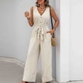 thumbnail image 6 of Miluxas Vertical Striped Jumpsuit for Women Sleeveless V Neck Wide Leg Pants Romper Summer Casual Outfits Beige, 6 of 9