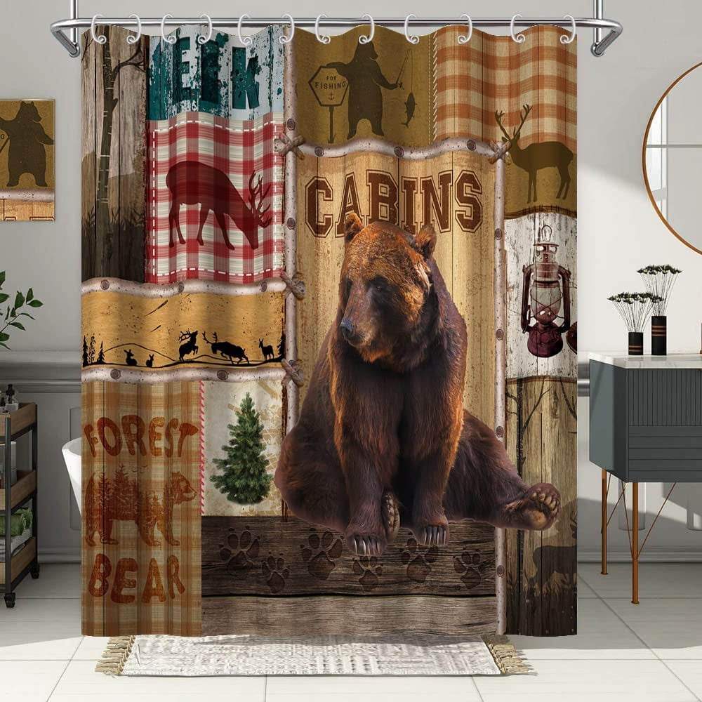 Farmhouse Cabin Shower Curtain,Retro Rustic Lodge Bear Deer Country