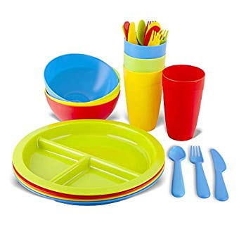 Plaskidy Kids Plastic Dishes Dinnerware Set of 24 - Includes 4 Kids Divided Plates 4 Kids Bowls 4 Kids Cups with Utensils - 4 Vibrant Colors Microwave Dishwasher Safe BPA Free for Toddler and