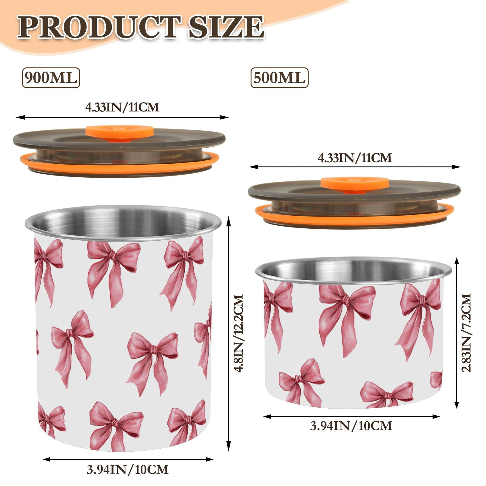 Long Pink Bow Airtight Coffee Bean Canister 30oz Food Storage Containers with Lids For Gournd, Tea, Sugar, Flour, Rice, Cereal, Candy Cookie Jar