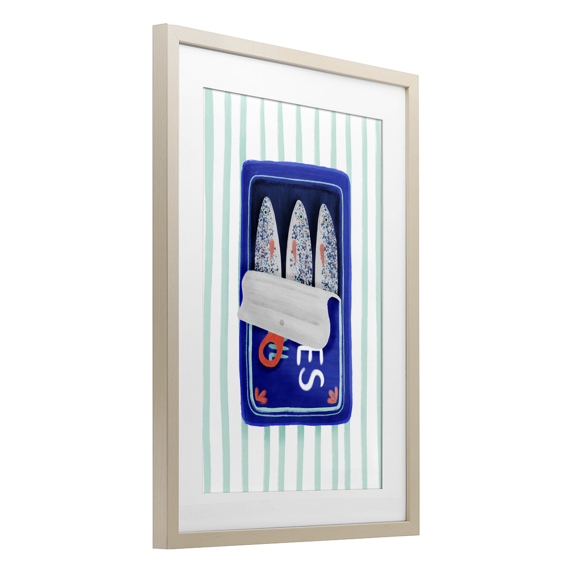 Stupell Industries Blue Sardines on Stripes Birch Framed Print Under Glass, design by Metka Hiti