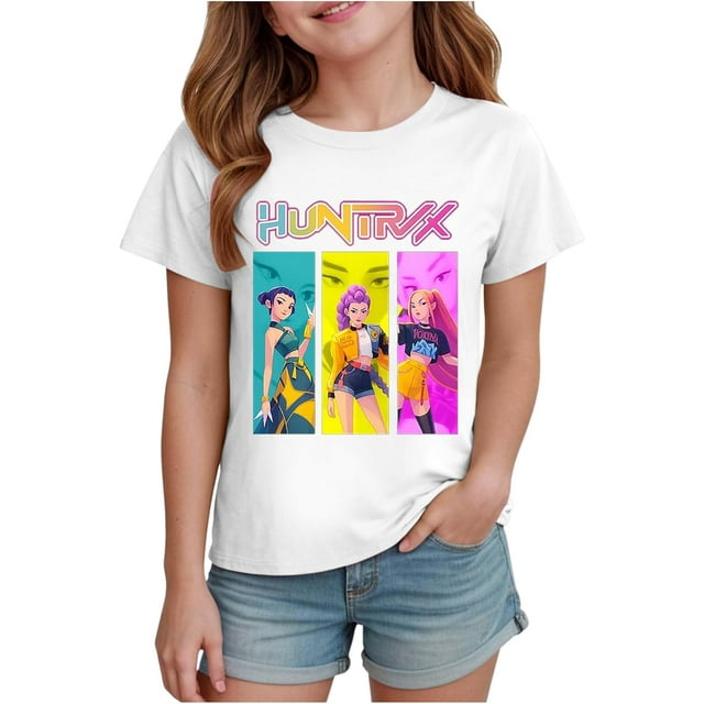 K pop Demon Chandail pour Filles, T-Shirt Graphique Mignon avec Dessin Animé, T-Shirt Tendance et Drôle, Chandail pour Enfants, Hauts Roses, Manches Courtes, Col Ras du Cou