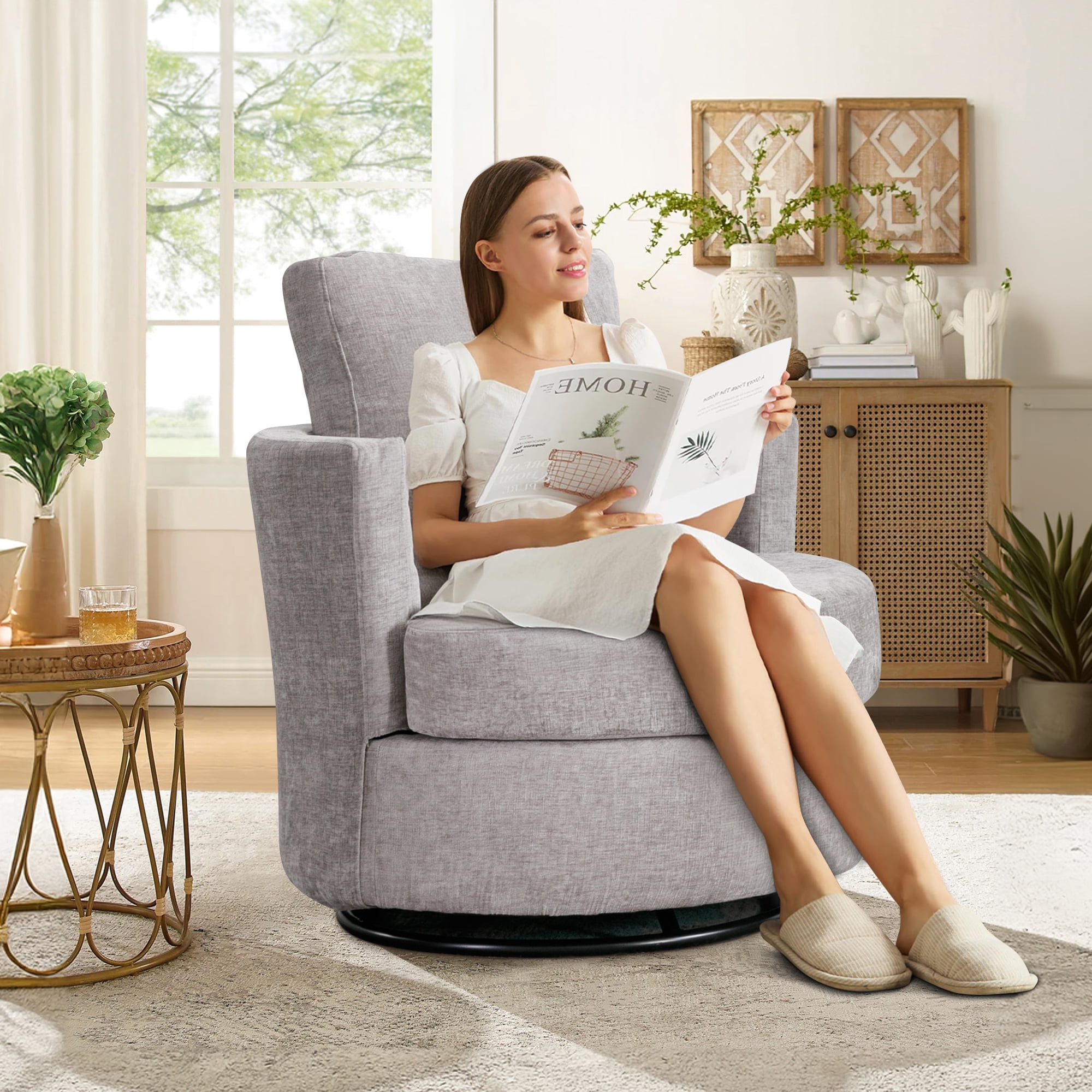 Dinosisco Swivel Barrel Chair, Chenille Accent Armchair for Living Room Bedroom, Gray