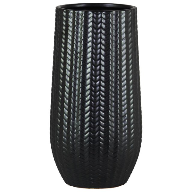 Cylindrical Stoneware Vase With Engraved Zigzag Design, Large, Black